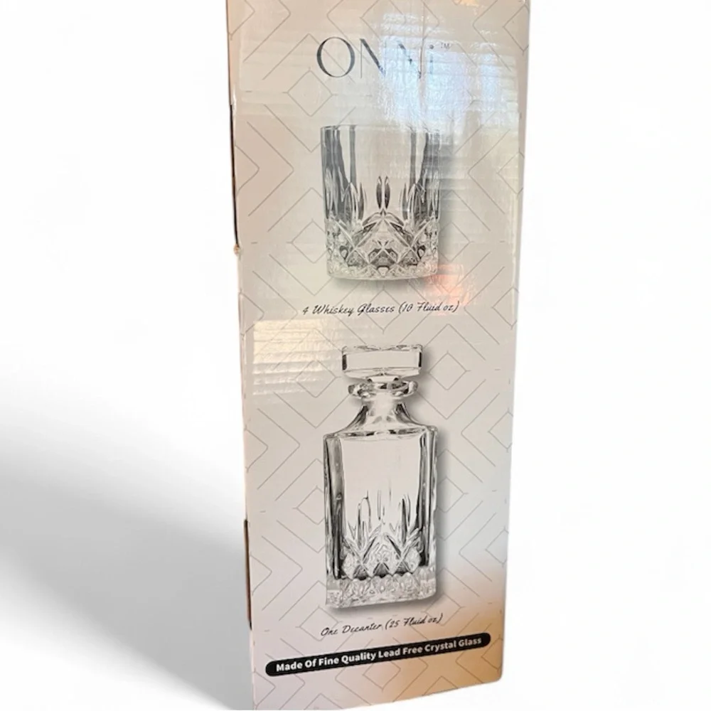 ONNi Crystal Whiskey Decanter Set with 4 Glasses | 5-Piece Barware Gift Set